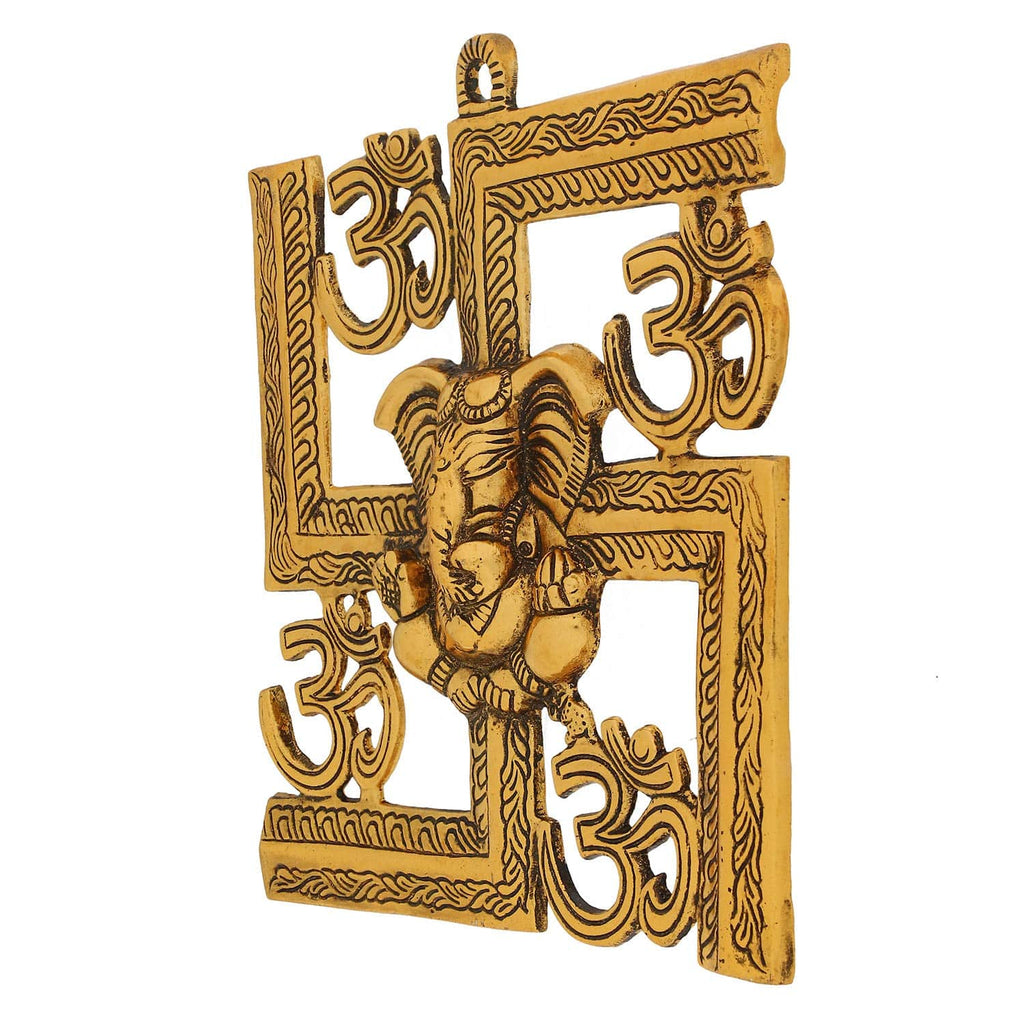 Lord Ganesha on Om Swastik Metal Golden Wall Hanging