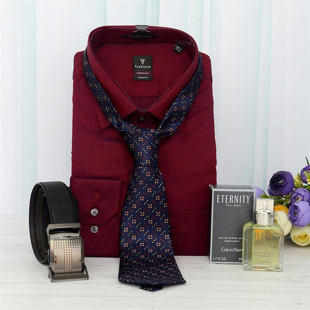 Maroon Formal Shirt, Black Belt with Blue Tie & Perfume