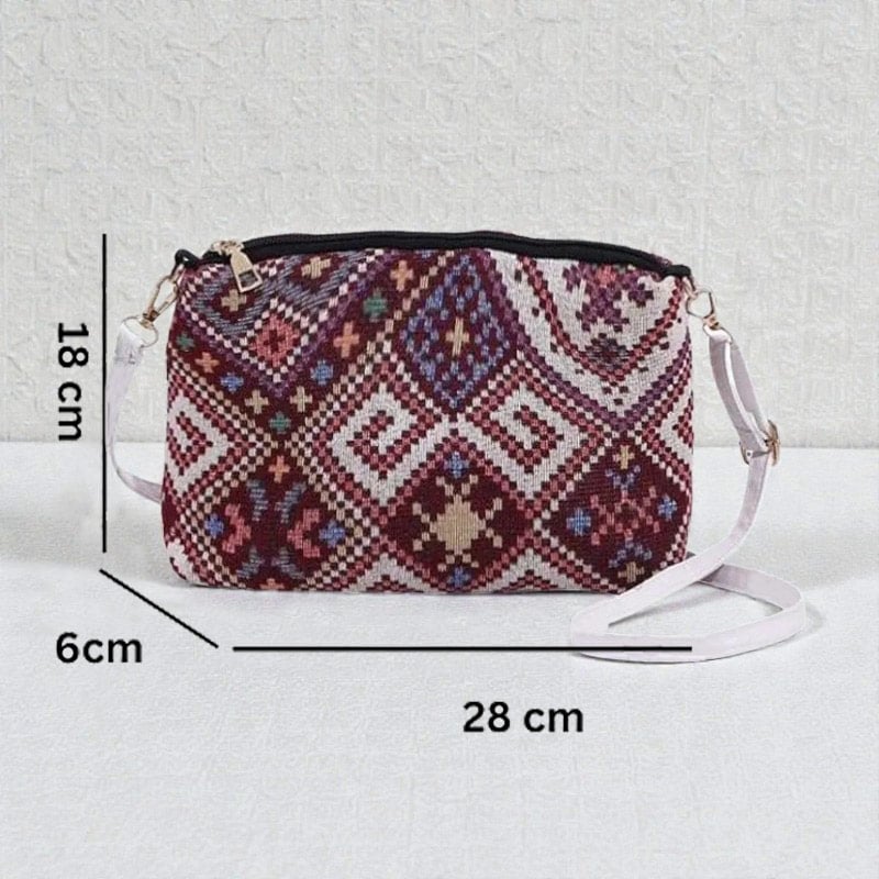 Maroon Jute Closure Zip Sling Bag For Women