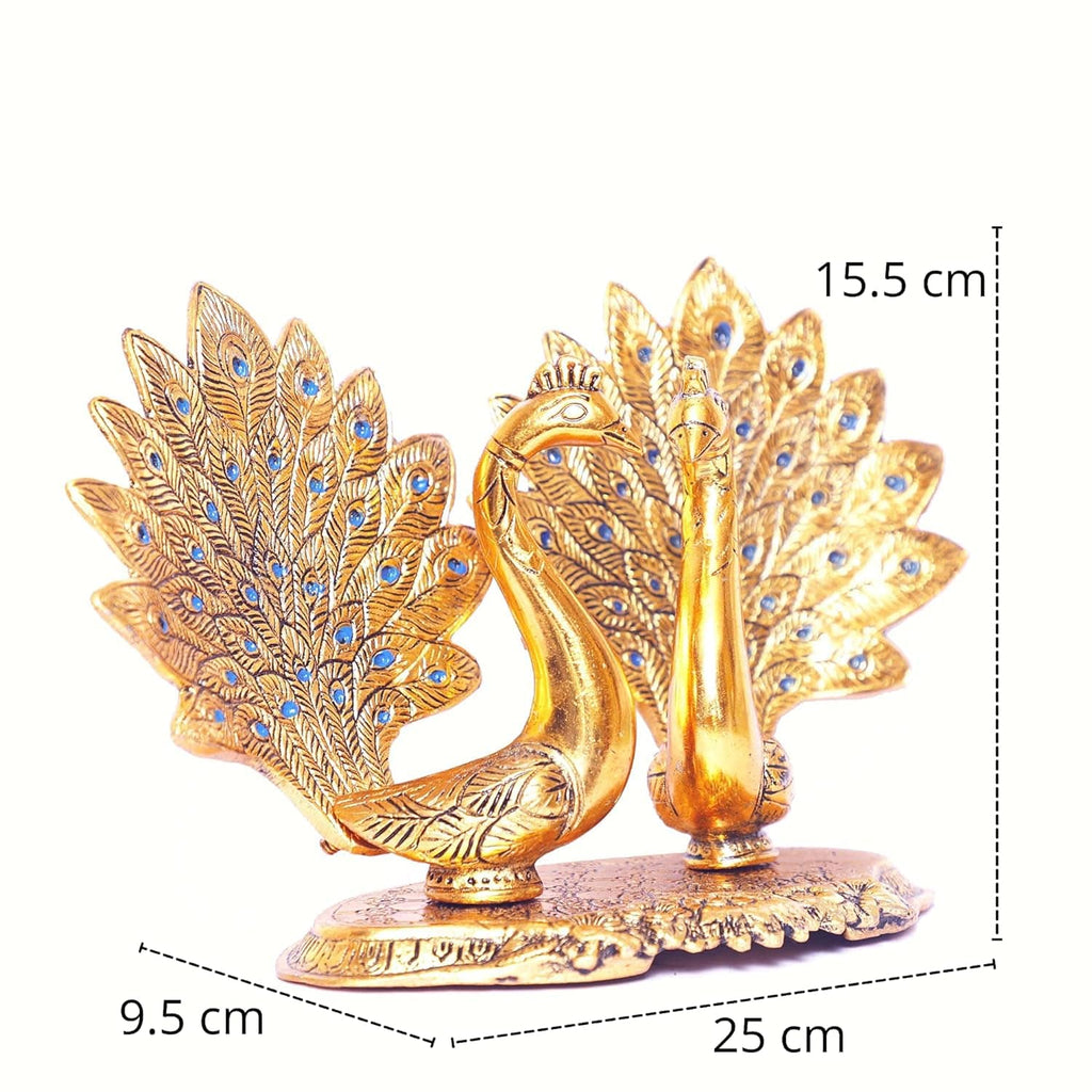 Metal Double Lovers Peacock Statue, Showpiece Figurine- Standard, Gold