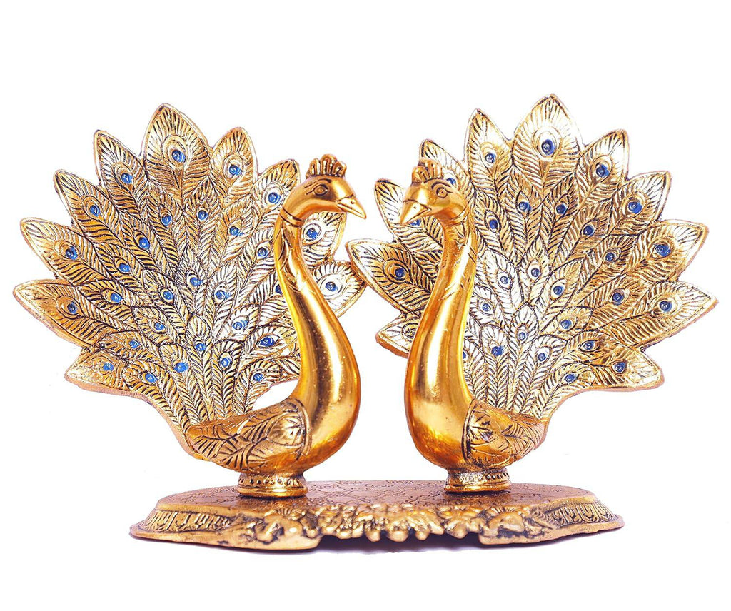 Metal Double Lovers Peacock Statue, Showpiece Figurine- Standard, Gold