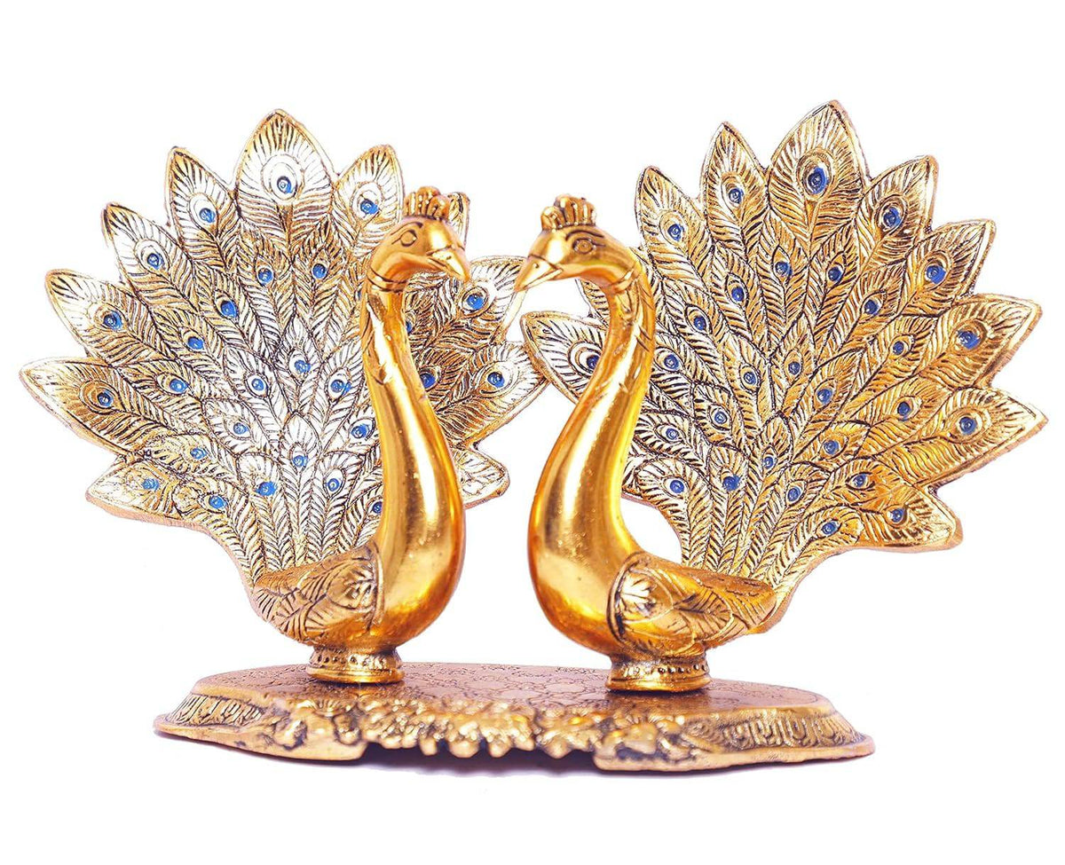 Metal Double Lovers Peacock Statue, Showpiece Figurine- Standard, Gold