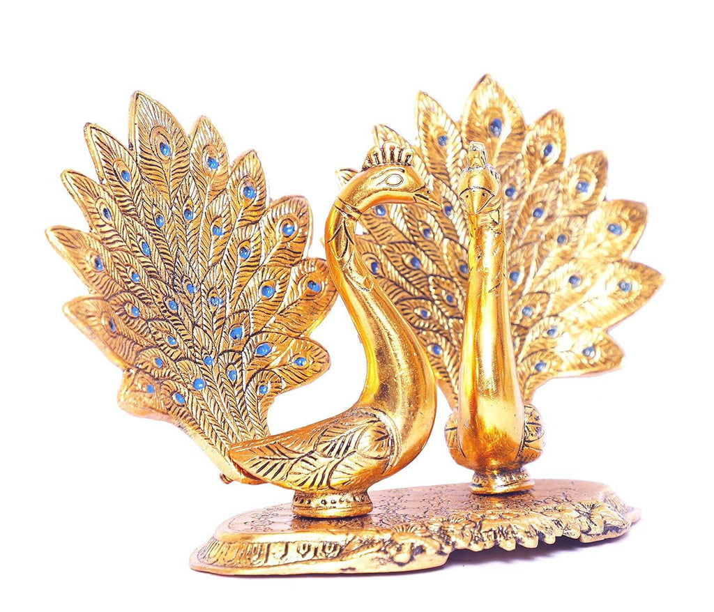 Metal Double Lovers Peacock Statue, Showpiece Figurine- Standard, Gold