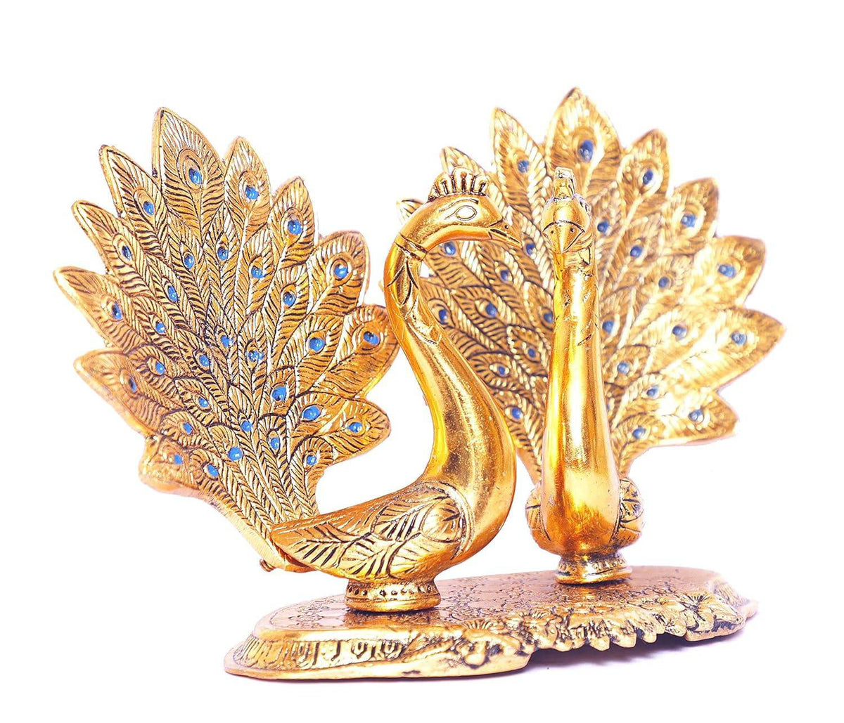 Metal Double Lovers Peacock Statue, Showpiece Figurine- Standard, Gold