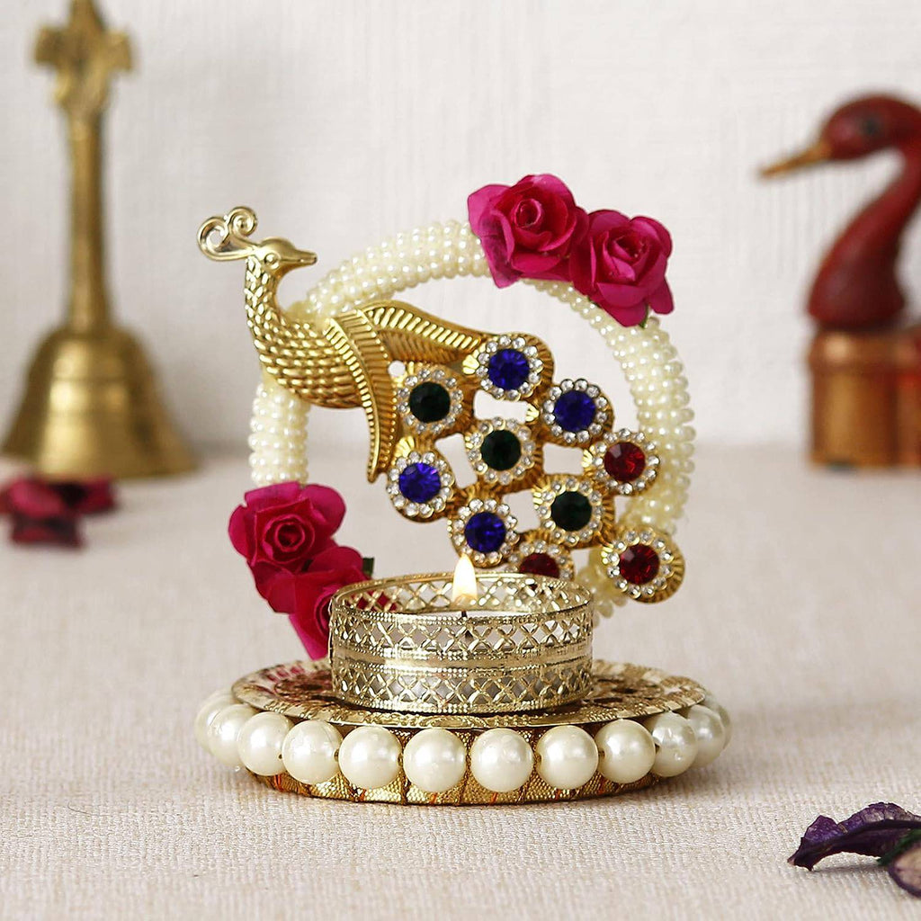 Metal Peacock with Stones Handcrafted Tea Light Candle Holder for Diwali Festival, Home Decor, Table Decoration, Gift