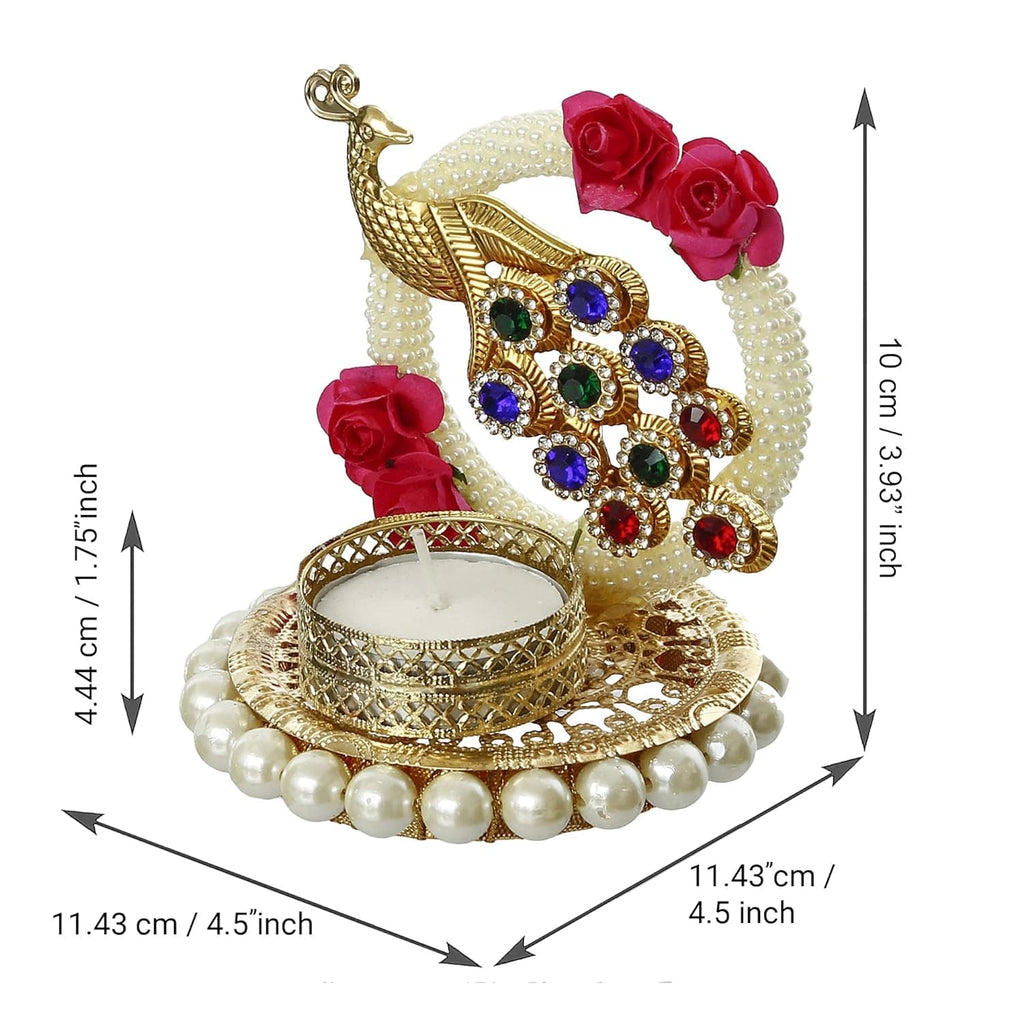 Metal Peacock with Stones Handcrafted Tea Light Candle Holder for Diwali Festival, Home Decor, Table Decoration, Gift