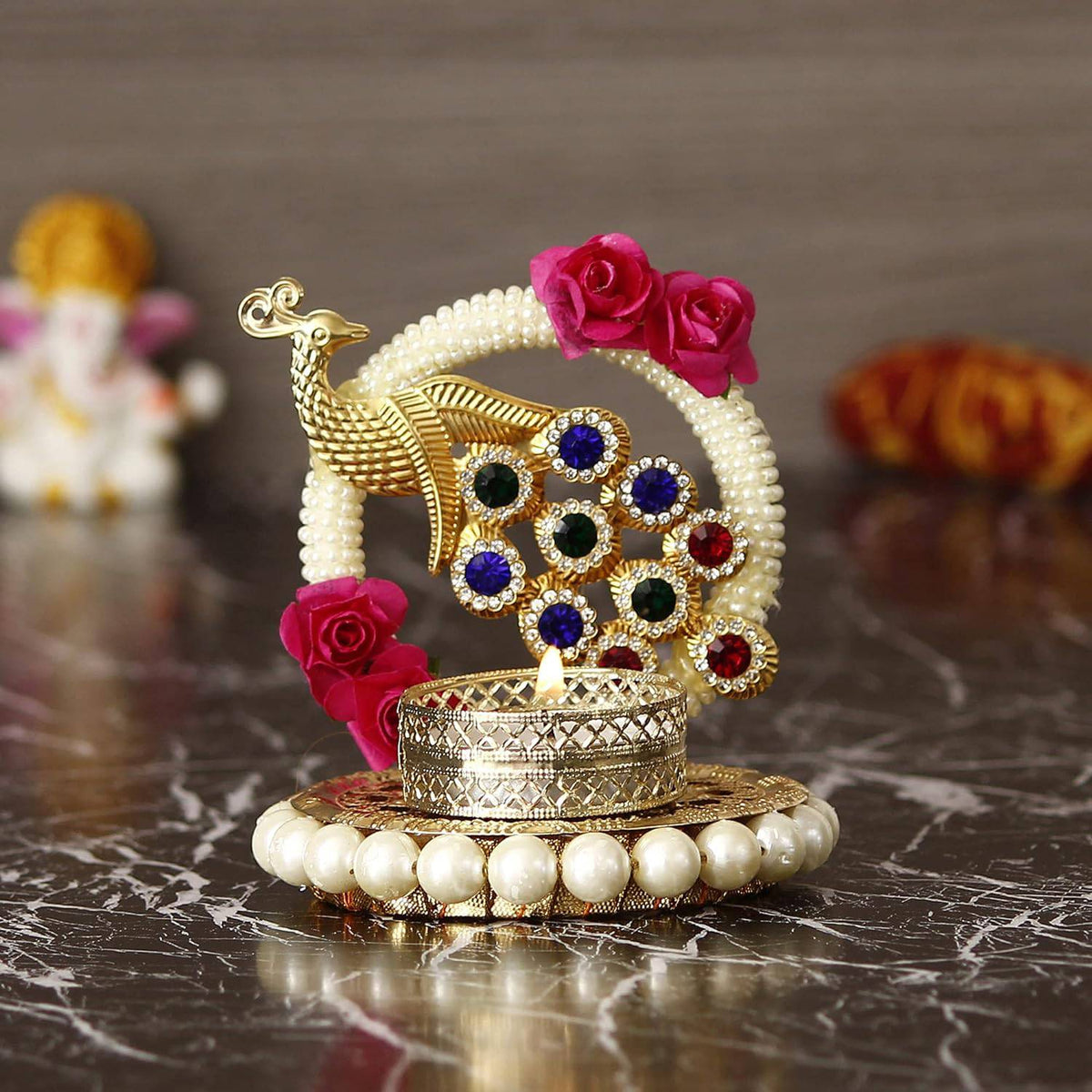 Metal Peacock with Stones Handcrafted Tea Light Candle Holder for Diwali Festival, Home Decor, Table Decoration, Gift