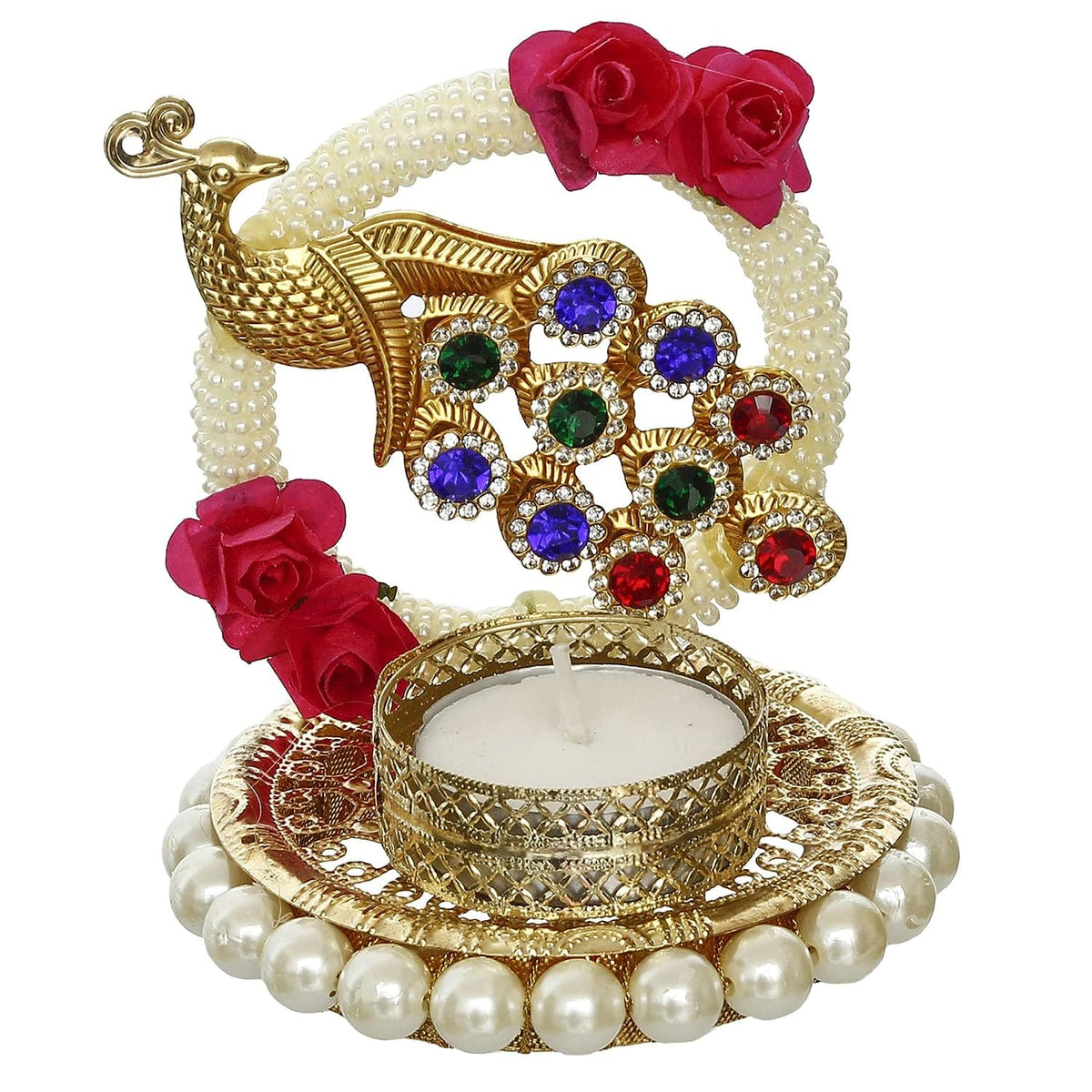 Metal Peacock with Stones Handcrafted Tea Light Candle Holder for Diwali Festival, Home Decor, Table Decoration, Gift