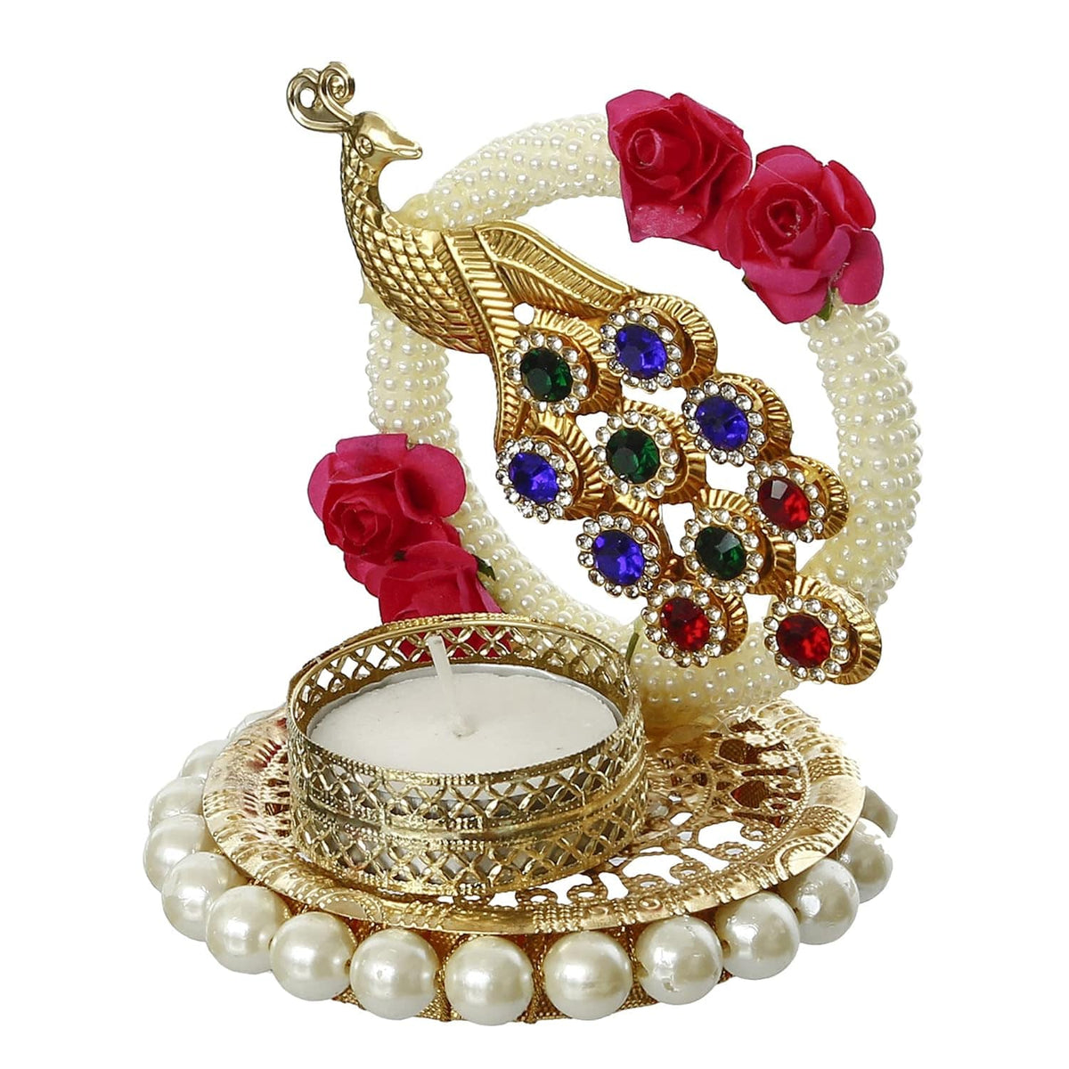 Metal Peacock with Stones Handcrafted Tea Light Candle Holder for Diwali Festival, Home Decor, Table Decoration, Gift