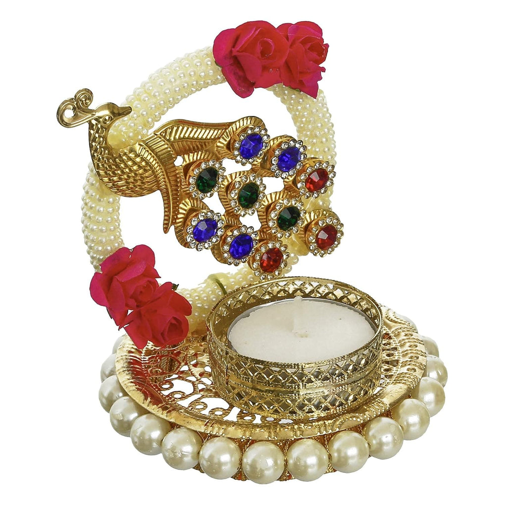 Metal Peacock with Stones Handcrafted Tea Light Candle Holder for Diwali Festival, Home Decor, Table Decoration, Gift