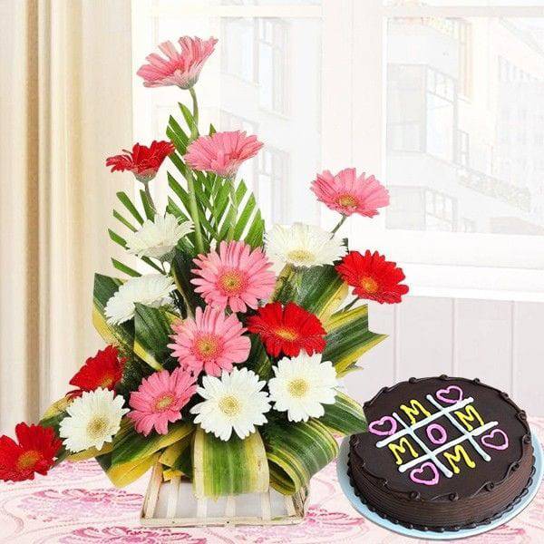 Mix Gerbera Arrangement With Cake For Mom