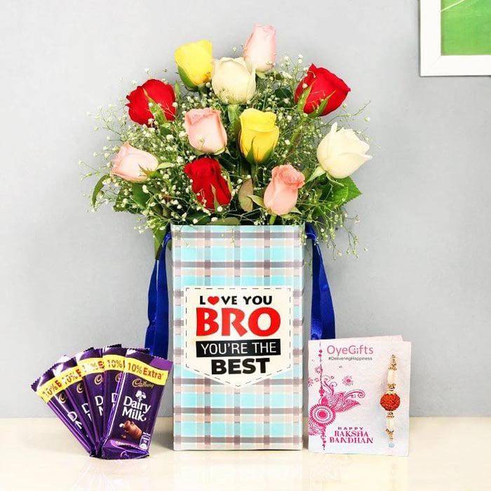 Mixed Roses With Dairy Milk  Rakhi Combo