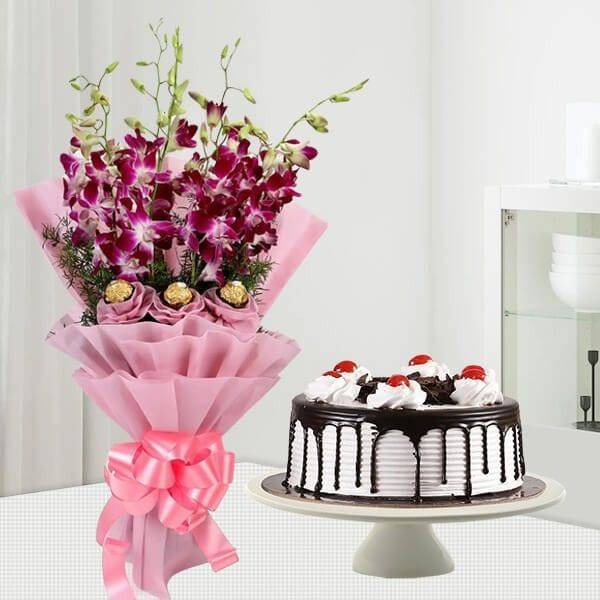 Orchids Bouquet & Black Forest Cake
