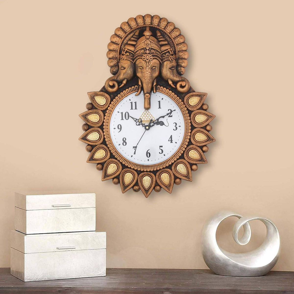 Premium Plastic Designer Stones Ganesha Wall Clock for Home and Office Décor, Living Room, Bedroom (Copper, 12 Inch)