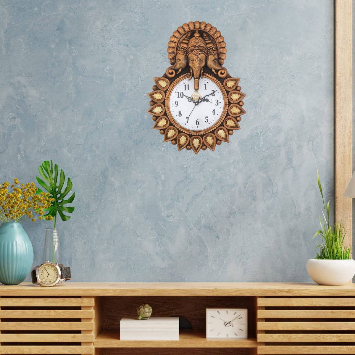 Premium Plastic Designer Stones Ganesha Wall Clock for Home and Office Décor, Living Room, Bedroom (Copper, 12 Inch)