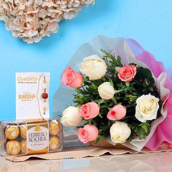 Rakhi With 10 Pink N White Roses Bouquet  N Ferrero Rocher