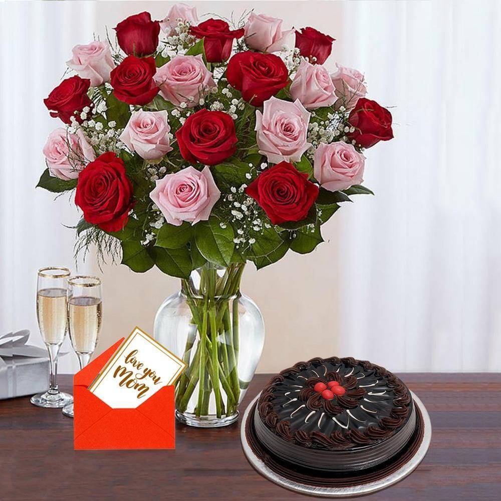 Red & Pink Roses With Chocolate Cake For Mom