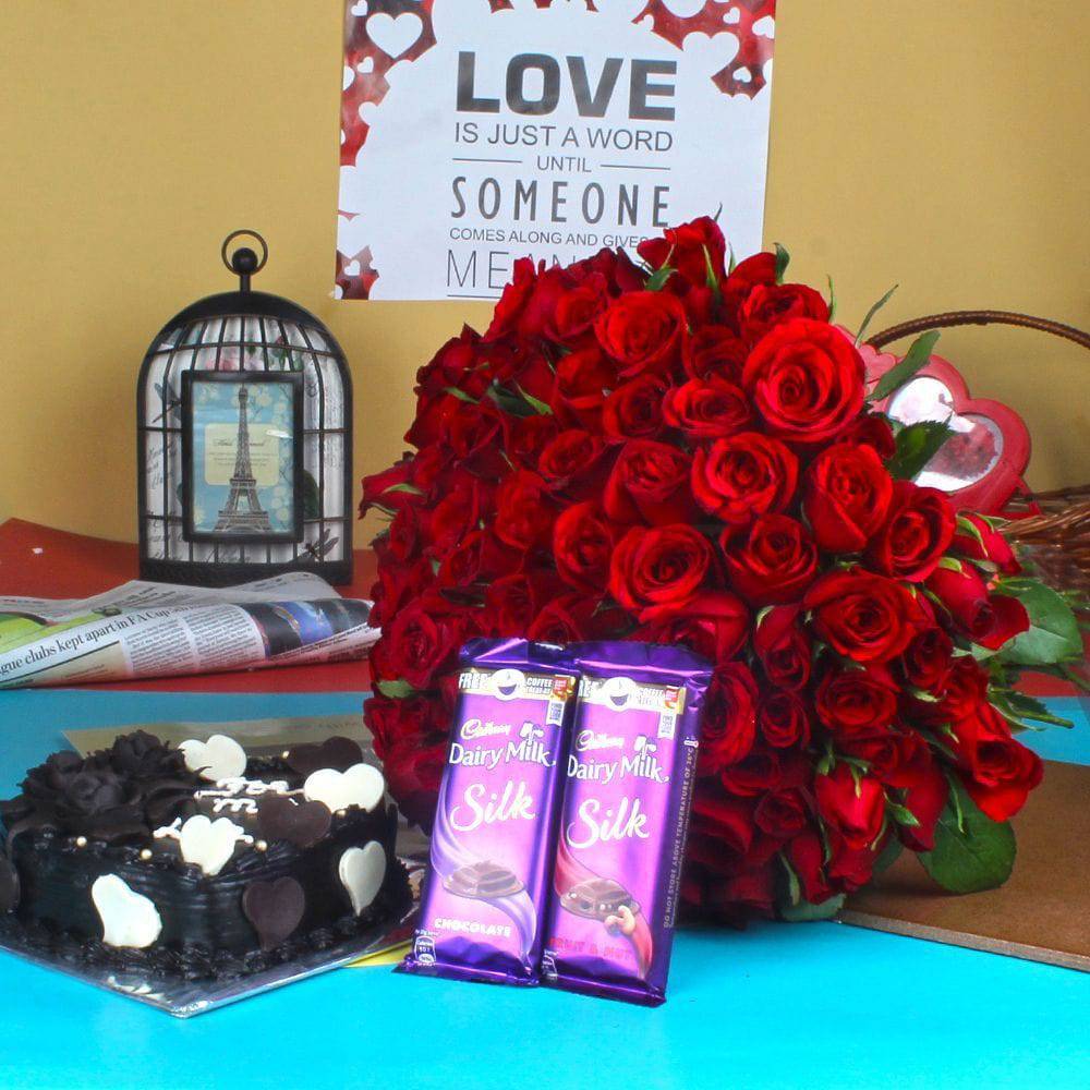 RED ROSES BOUQUET WITH CHOCOLATE CAKE AND SILK CHOCOLATE