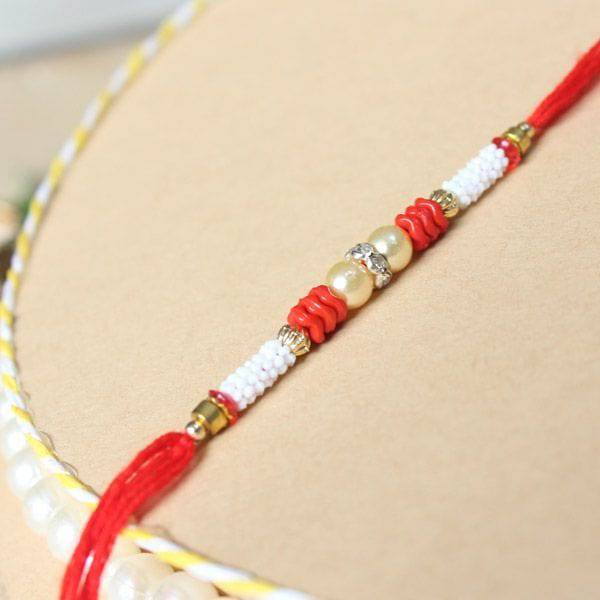 Red & White Beaded Designer Rakhi