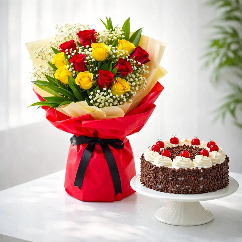 Romantic Red & Yellow Rose Bouquet with Chocolate Celebration Cake