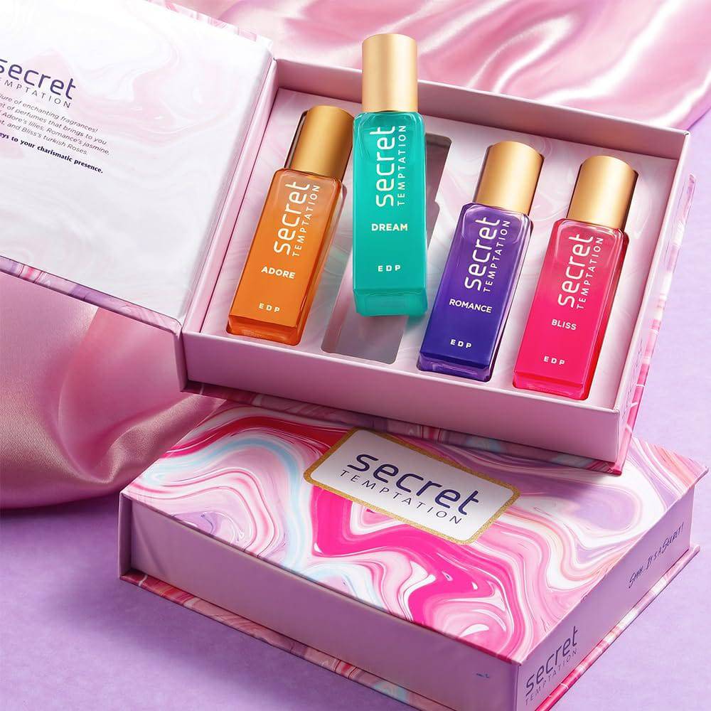 Secret Temptation Perfume Gift Set with Romance, Adore, Bliss and Dream Long Lasting Perfume for Women, Pack of 4 (20ml each)|Premium Fragrance
