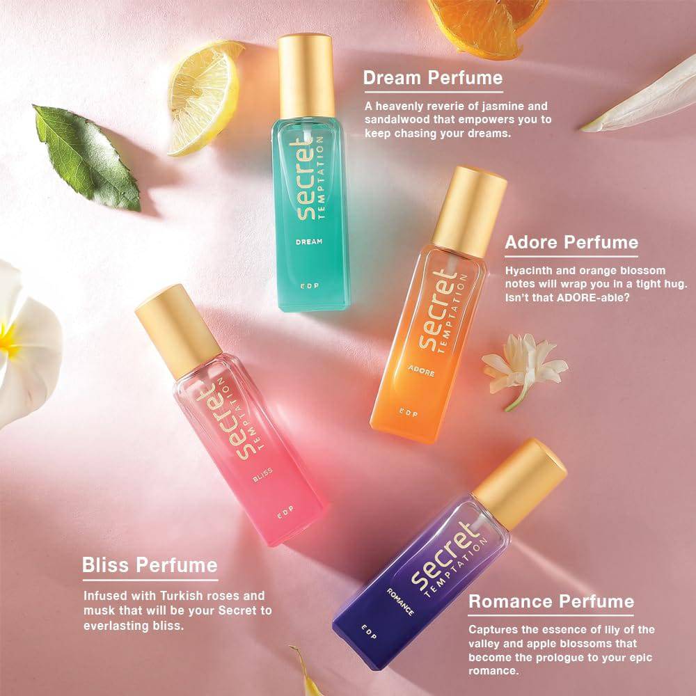 Secret Temptation Perfume Gift Set with Romance, Adore, Bliss and Dream Long Lasting Perfume for Women, Pack of 4 (20ml each)|Premium Fragrance