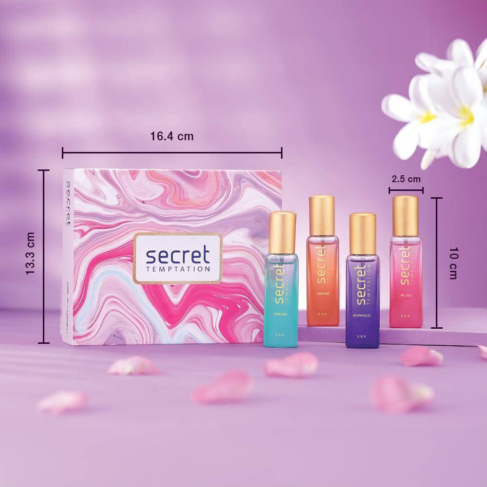 Secret Temptation Perfume Gift Set with Romance, Adore, Bliss and Dream Long Lasting Perfume for Women, Pack of 4 (20ml each)|Premium Fragrance