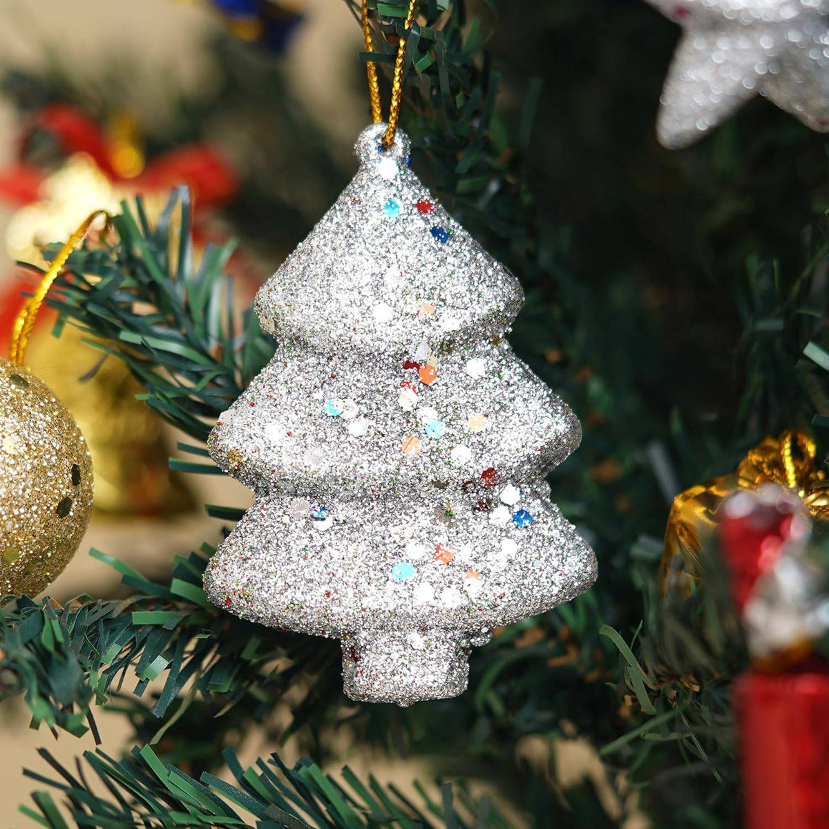 Set of 4 Sparkly Christmas Trees for Decor (Red, Green, Gold, Silver)