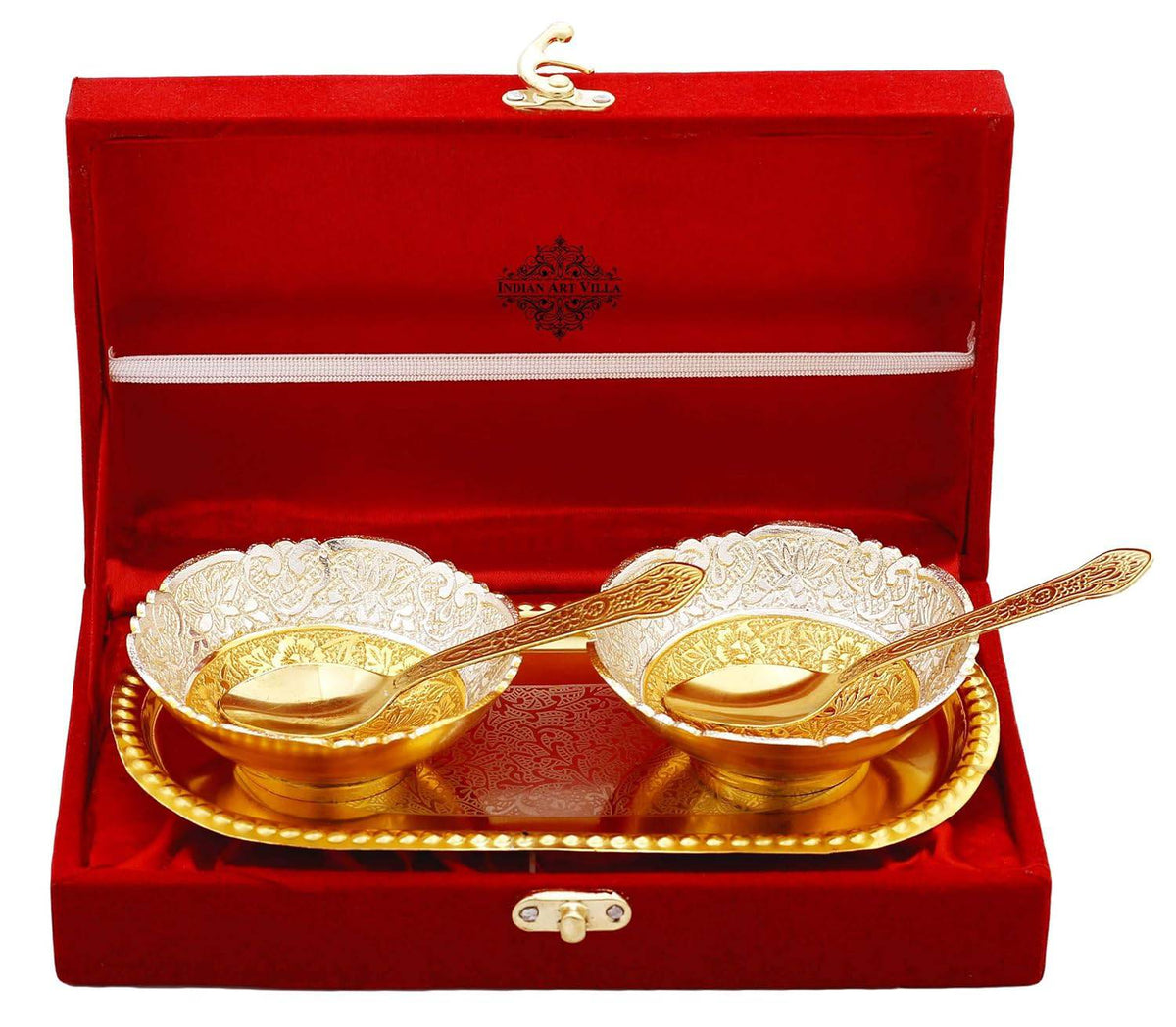 Silver Plated Decorative Embossed Bowl Set with 2 Spoons & 1 Tray, Service for 2, Festive Gifts