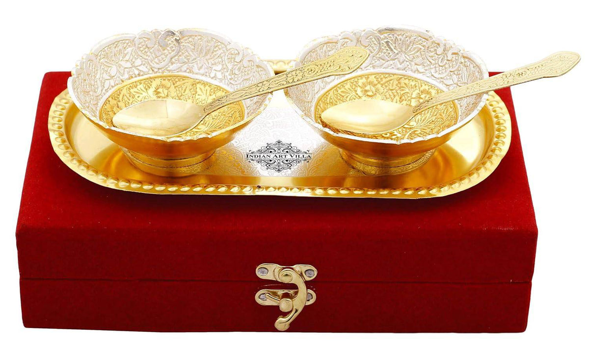 Silver Plated Decorative Embossed Bowl Set with 2 Spoons & 1 Tray, Service for 2, Festive Gifts