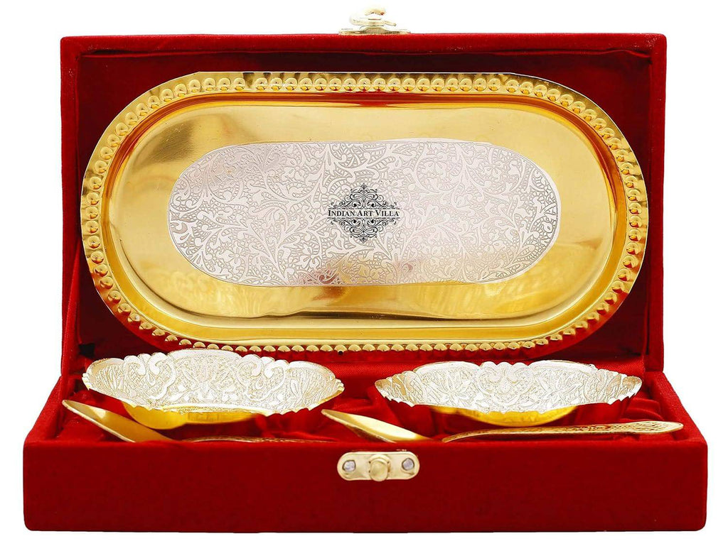Silver Plated Decorative Embossed Bowl Set with 2 Spoons & 1 Tray, Service for 2, Festive Gifts