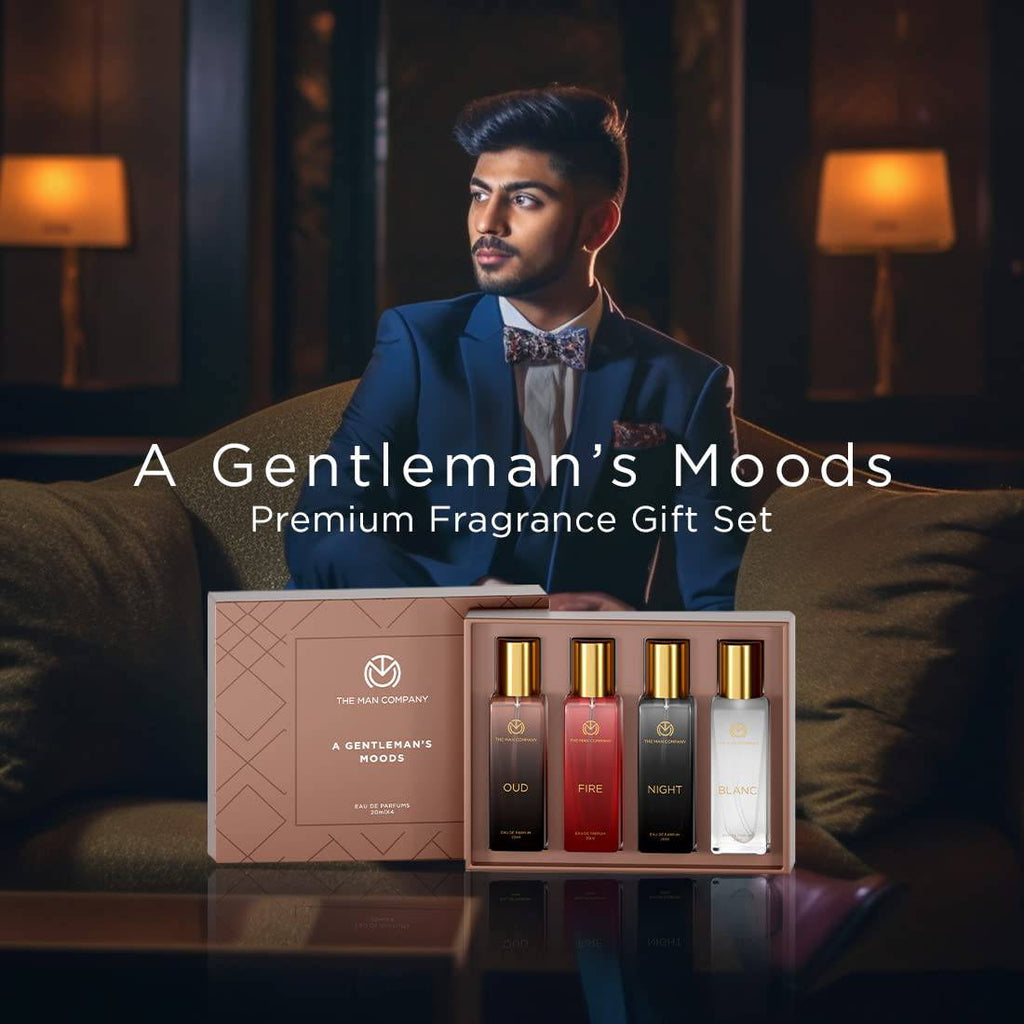 Specially Curated Perfume Gift Set for Men 4*20ml - A Gentleman’s Moods | Premium Long-Lasting Fragrance | Luxury EAU DE Parfum | Night For Date | Blanc For Office | Fire For Party | Oud For Outing