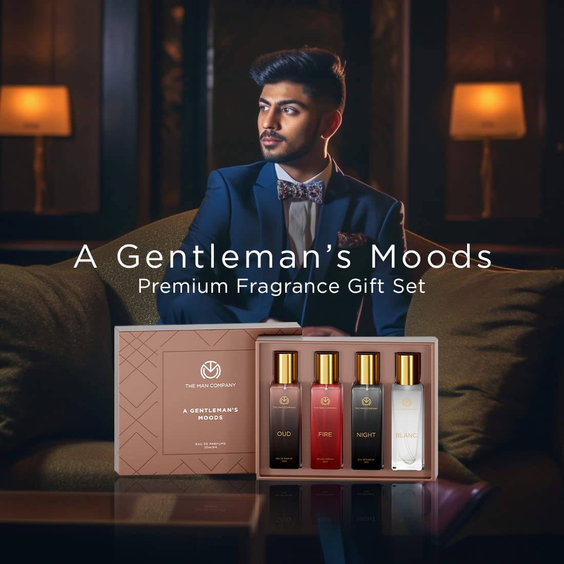 Specially Curated Perfume Gift Set for Men 4*20ml - A Gentleman’s Moods | Premium Long-Lasting Fragrance | Luxury EAU DE Parfum | Night For Date | Blanc For Office | Fire For Party | Oud For Outing