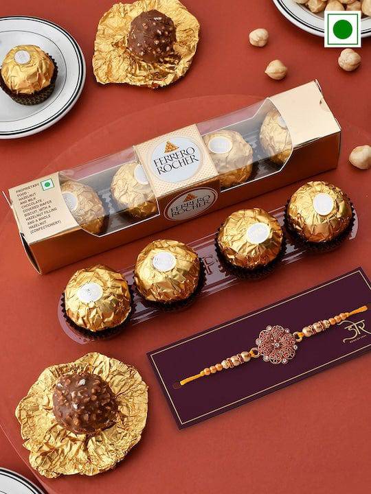 Stone-Studded & Beaded Rakhis With Ferrero Rocher Chocolate Set
