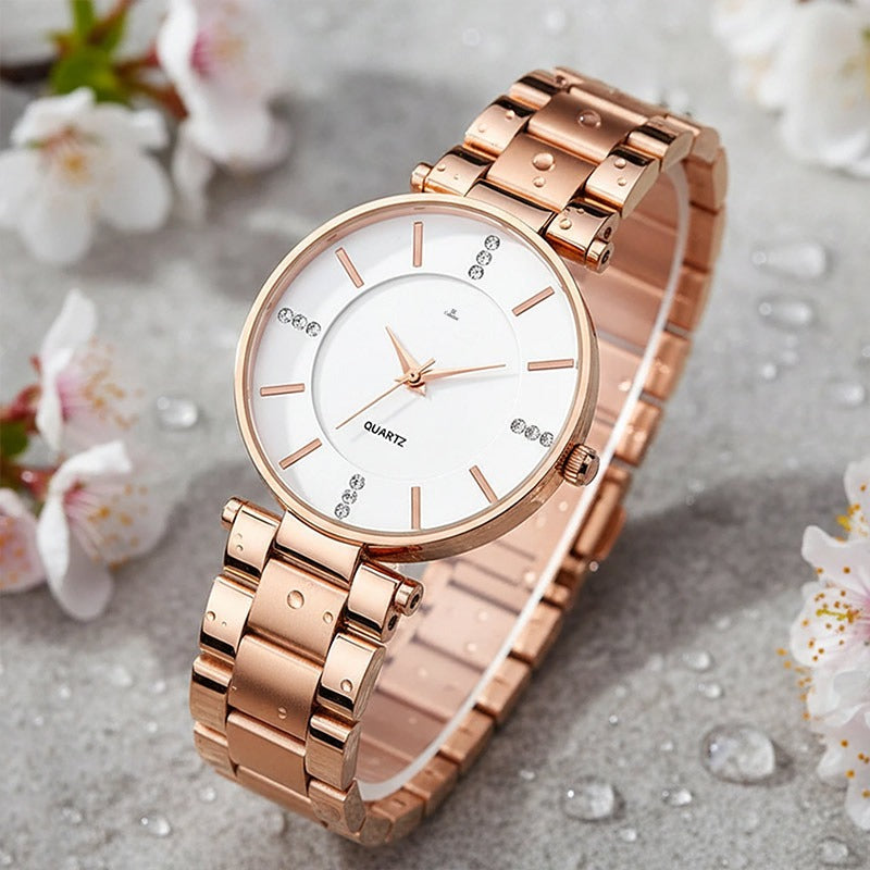Round Studded Dial Metal Bracelet Chain Strap Analogue Wrist Watch for Women 