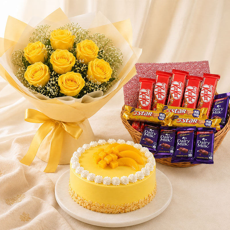 Yellow Roses, Chocolate Hamper & Mango Cake Combo – Half Kg