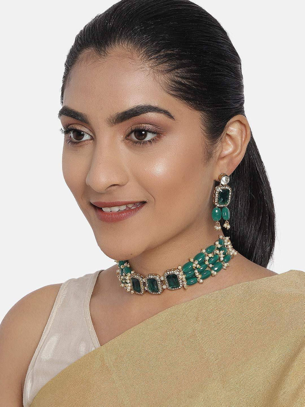 ZAVERI PEARLS Green Stones & Beads Multistrand Traditional Choker Necklace & Earring Set For Women-ZPFK10111
