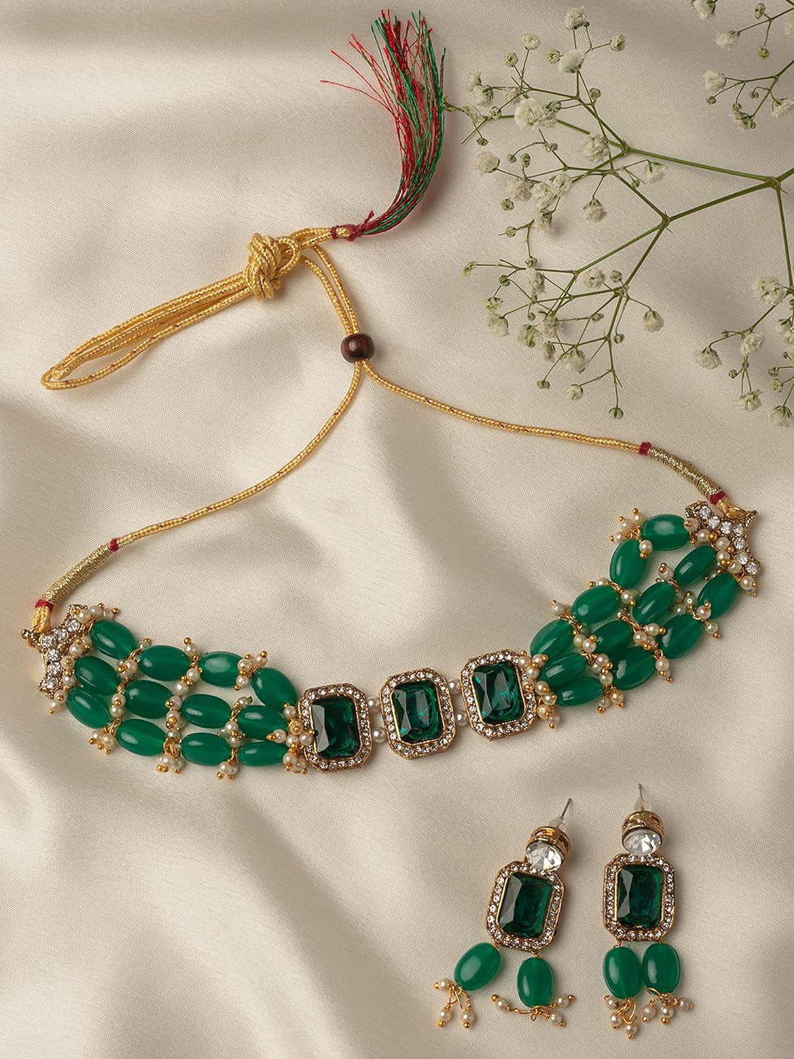 ZAVERI PEARLS Green Stones & Beads Multistrand Traditional Choker Necklace & Earring Set For Women-ZPFK10111
