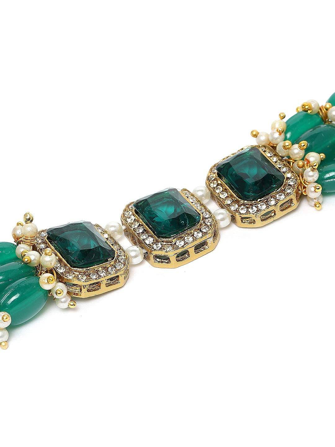 ZAVERI PEARLS Green Stones & Beads Multistrand Traditional Choker Necklace & Earring Set For Women-ZPFK10111